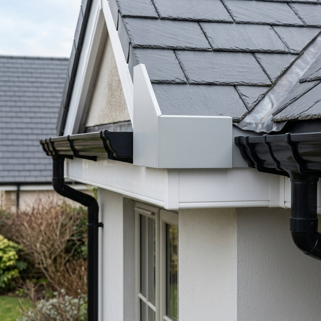 U Return Aluminium Fascia Angle Covers for Mitred Corners — RAL 7035 / 135 Deg External Angle (in use)