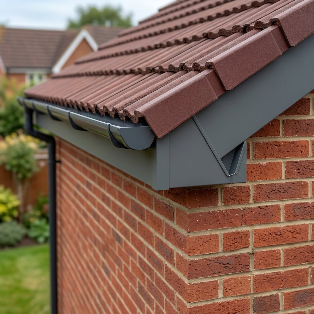 V Return Aluminium Fascia Angle Covers for Mitred Corners — RAL 7037 / 90 Deg External Angle (in use)