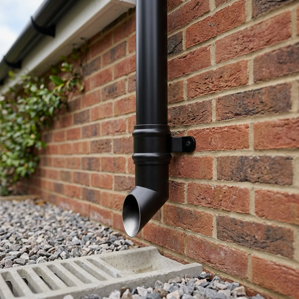 Traditional Aluminium Downpipe Shoe 76mm Diameter — RAL 9005 (in use)