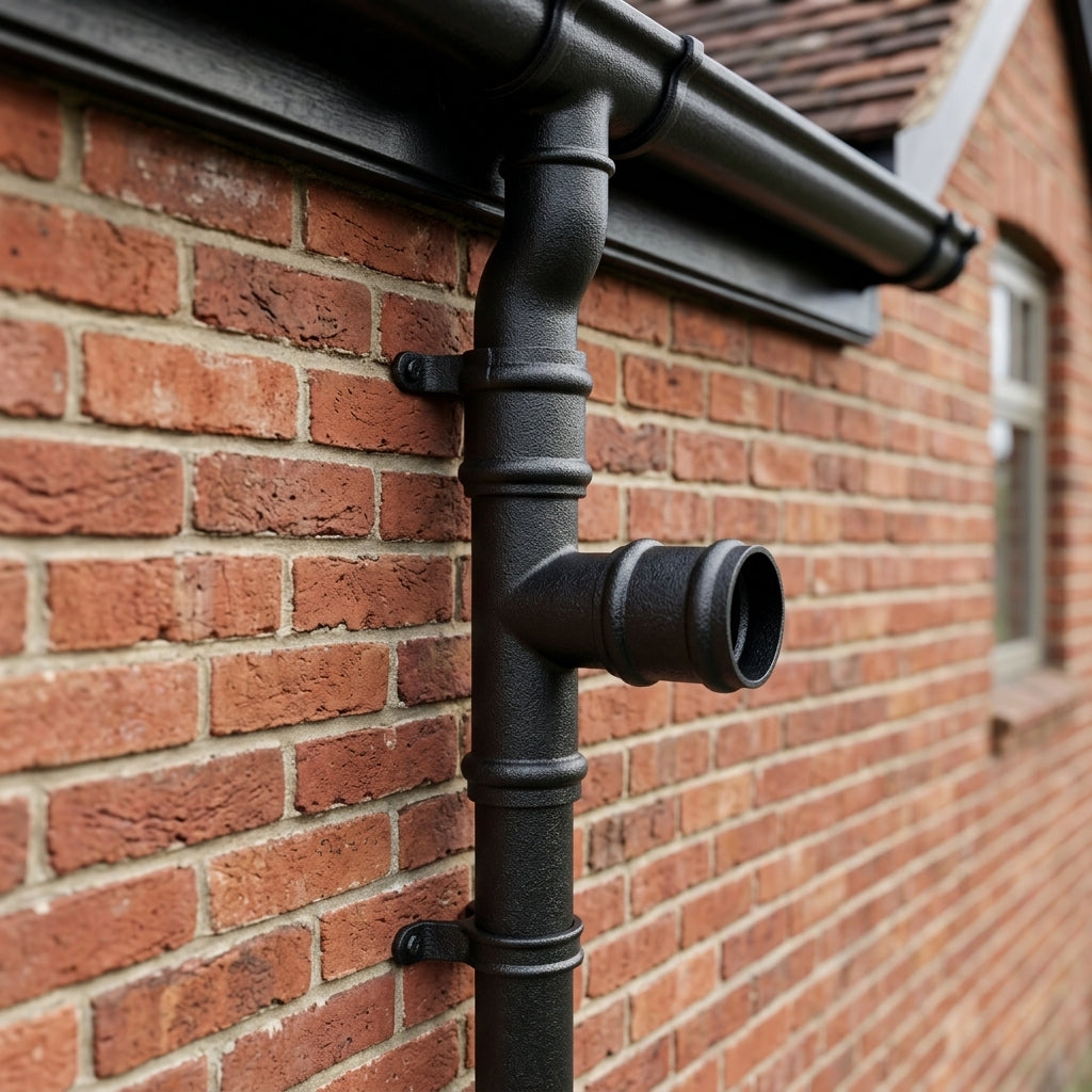 Traditional Aluminium Downpipe Branch 76mm Diameter — Textured Black / 92.5 Degrees (in use)