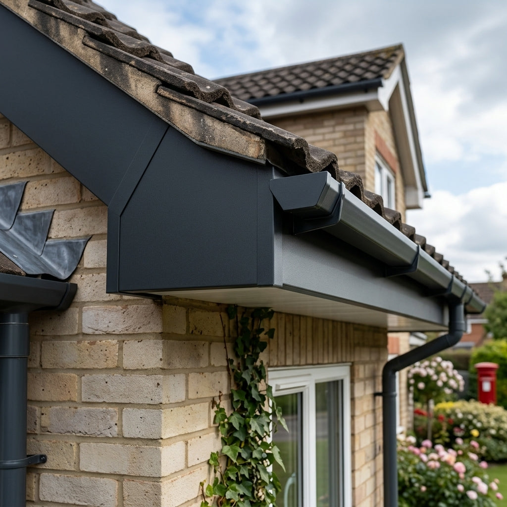 V Return Aluminium Fascia Angle Covers for Mitred Corners — RAL 7021 / 90 Deg External Angle (in use)