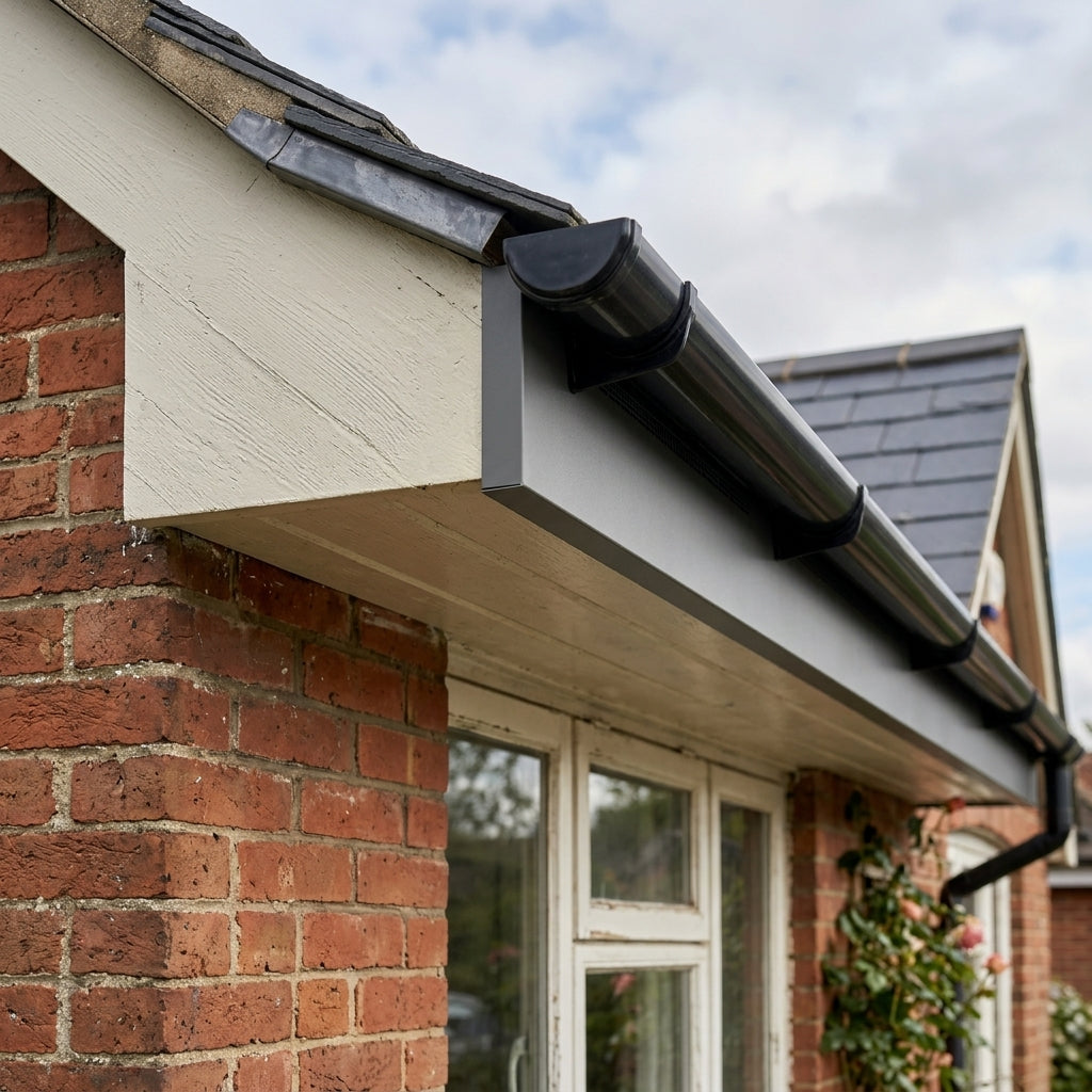 L Return Aluminium Fascia Board 30mm – 3m — RAL 7037 (in use)