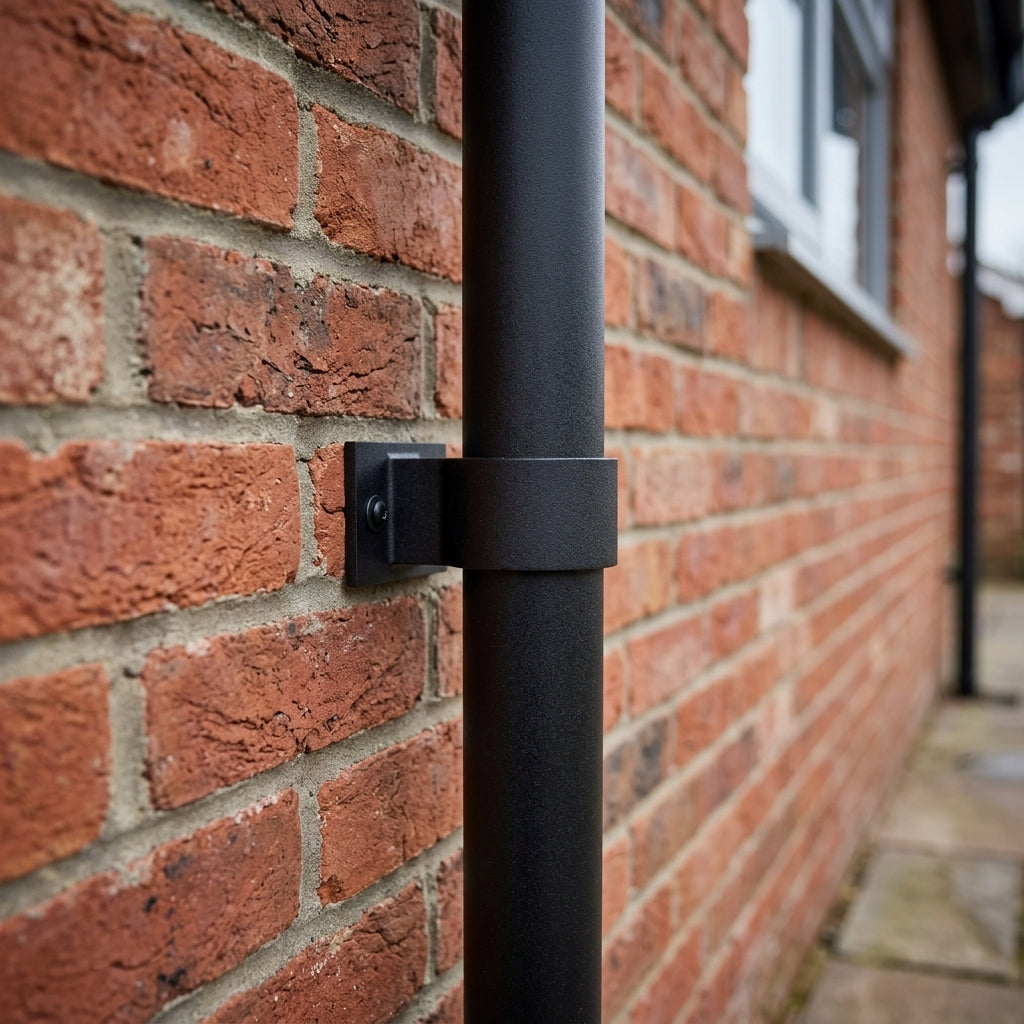 Aluminium Downpipe Clip 63mm Dia with 25mm Wall Offset — Textured Black (in use)