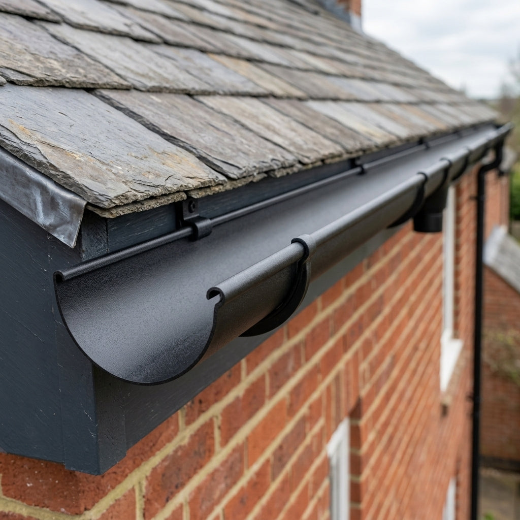 Half Round Aluminium Gutter 125mm x 3m Marine Grade — Textured Black (in use)