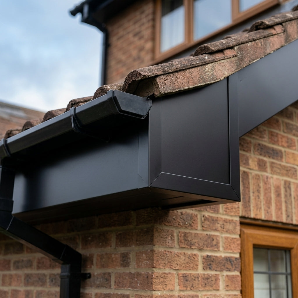 U Return Aluminium Fascia Angle Covers for Mitred Corners — RAL 9005 / 90 Deg Internal Angle (in use)