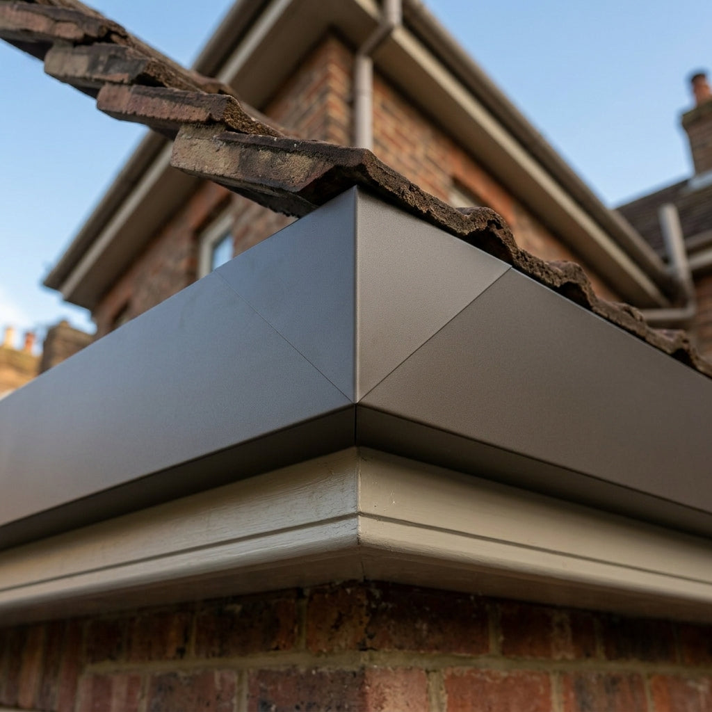 V Return Aluminium Fascia Angle Covers for Mitred Corners — RAL 7022 / 90 Deg Internal Angle (in use)