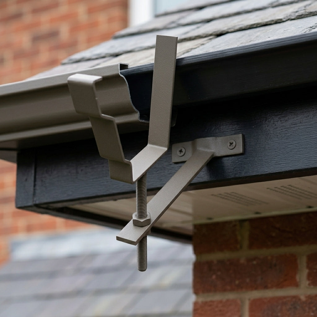 Moulded Ogee Gutter Rise and Fall Bracket 125 x 100mm — RAL 7022 (in use)