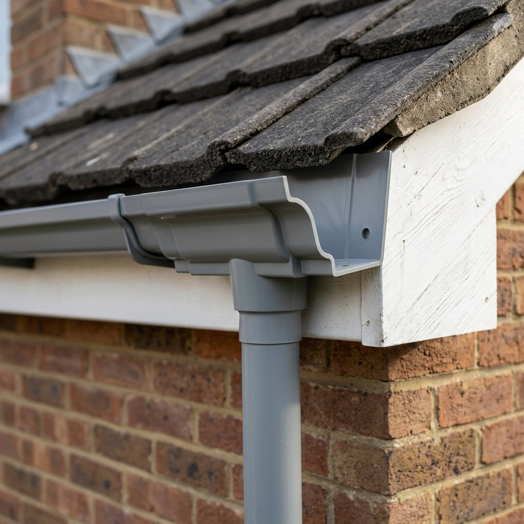 Moulded Ogee Gutter Outlet 63mm Dia, 125 x 100mm — RAL 7037 (in use)