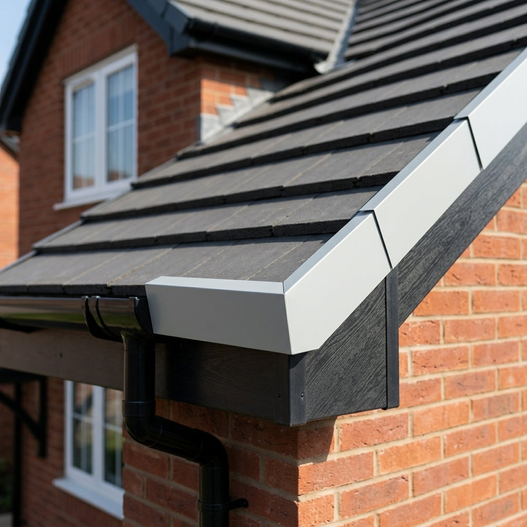 V Return Aluminium Fascia Angle Covers for Mitred Corners — RAL 7035 / 90 Deg External Angle (in use)