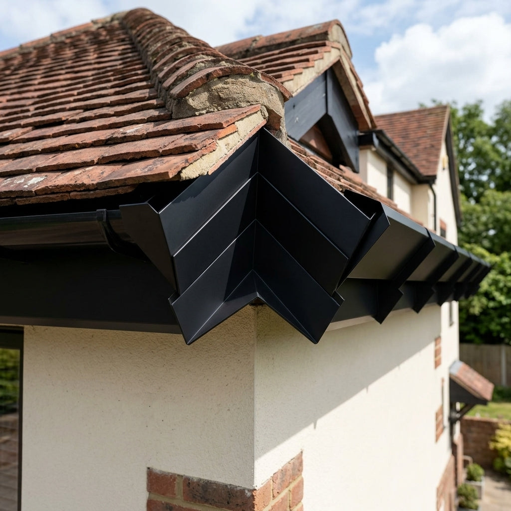 V Return Aluminium Fascia Angle Covers for Mitred Corners — RAL 9005 / 90 Deg Internal Angle (in use)