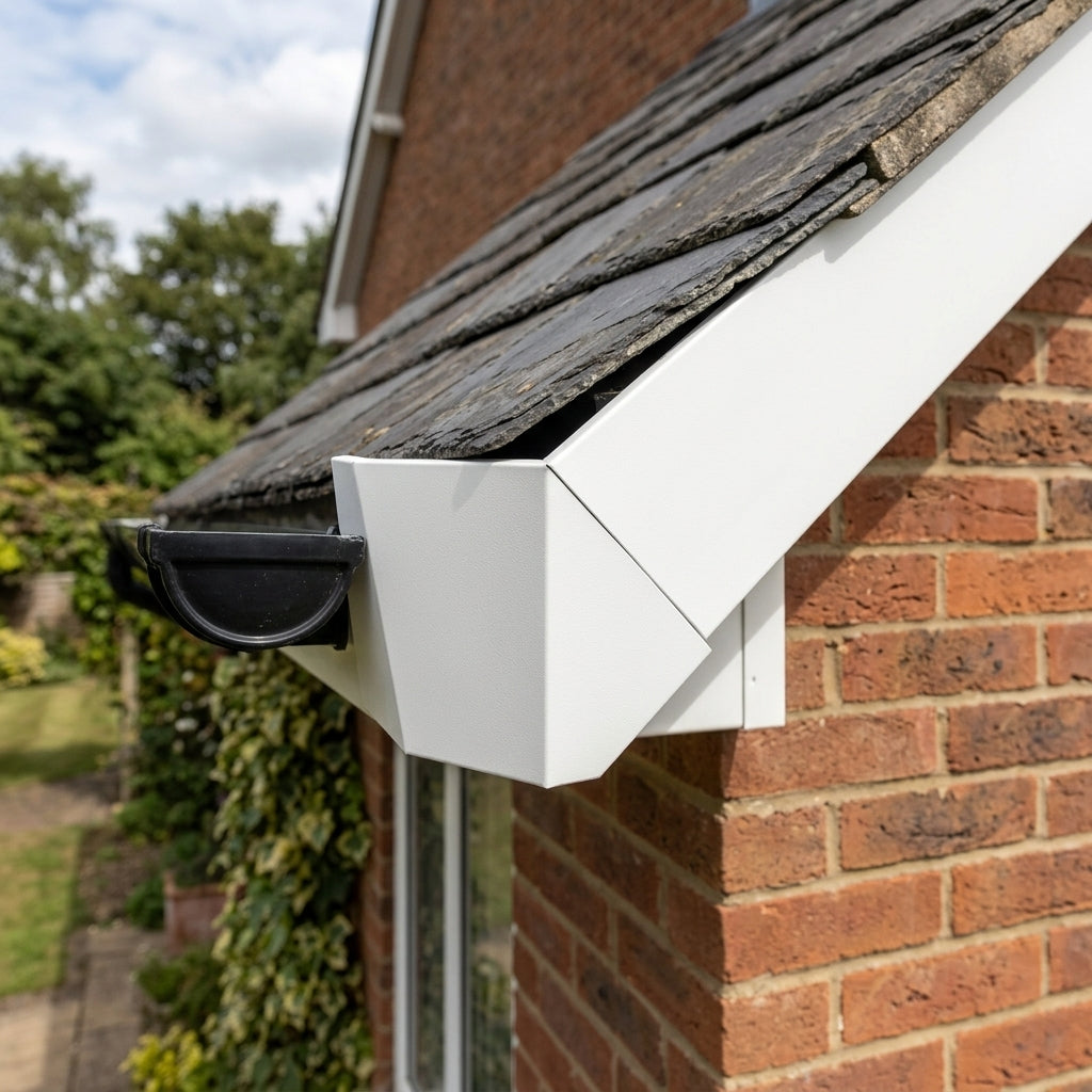 U Return Aluminium Fascia Angle Covers for Mitred Corners — RAL 9010 / 90 Deg External Angle (in use)