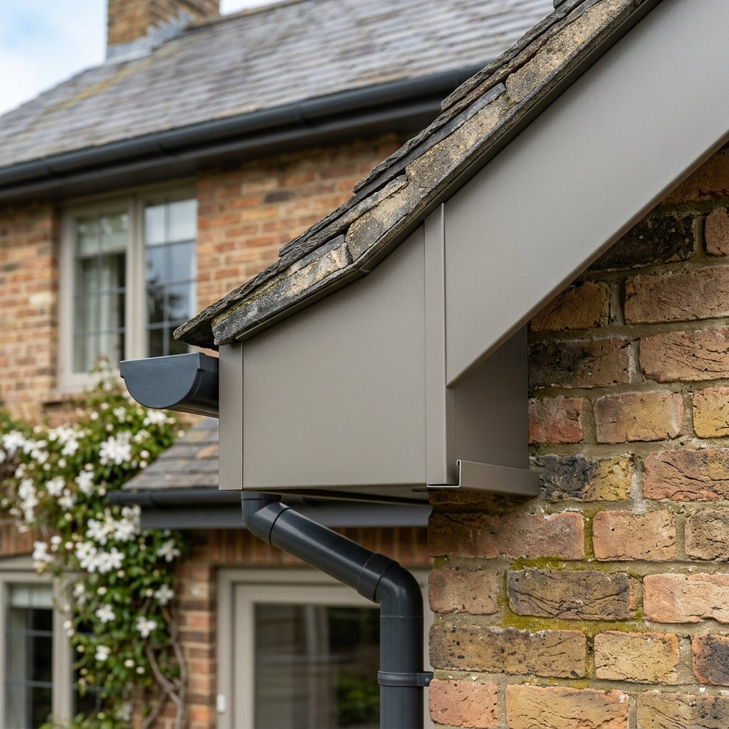 U Return Aluminium Fascia Board Gable Box Ends — RAL 7036 (in use)