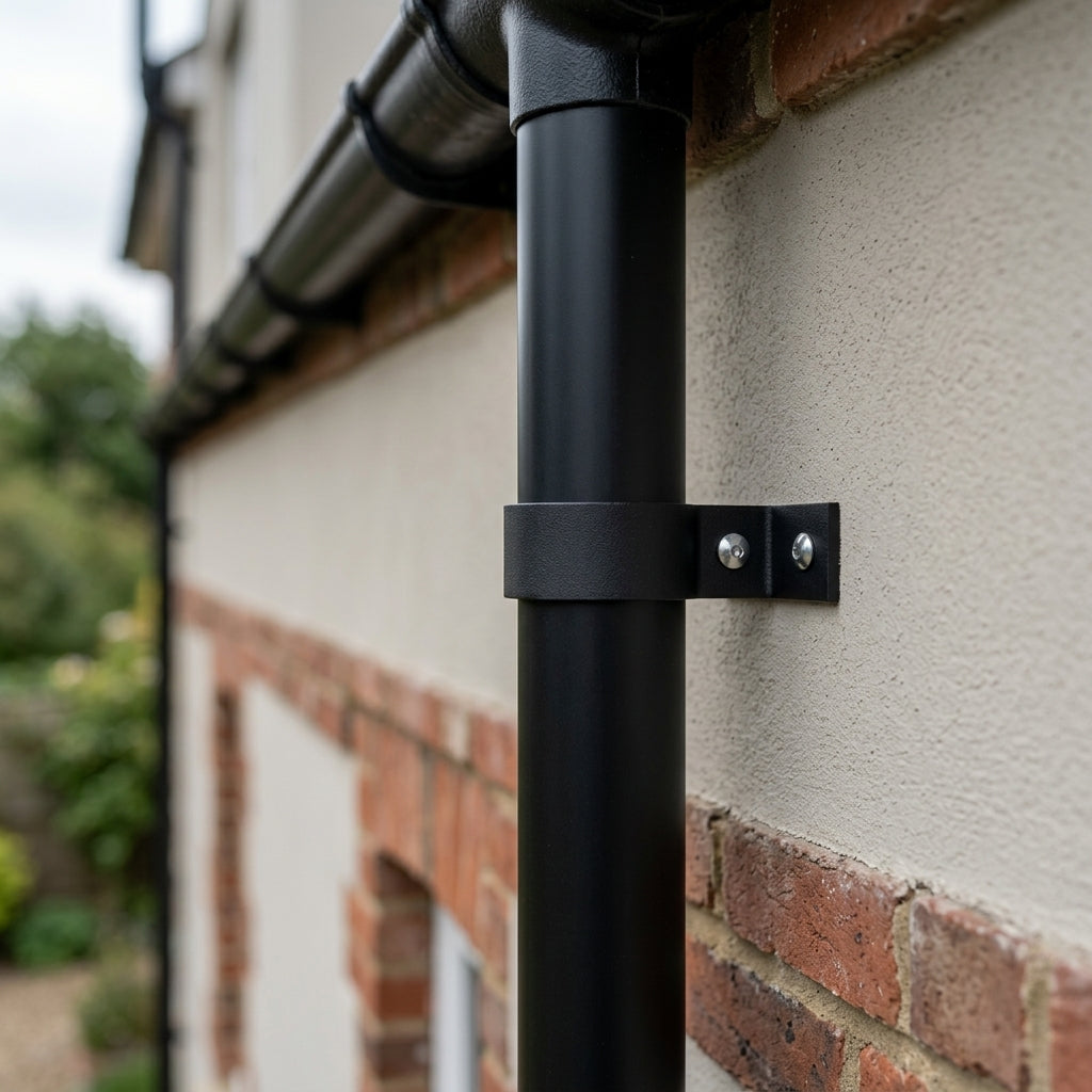 76mm Aluminium Downpipe Clip – Flush Joint — Textured Black (in use)