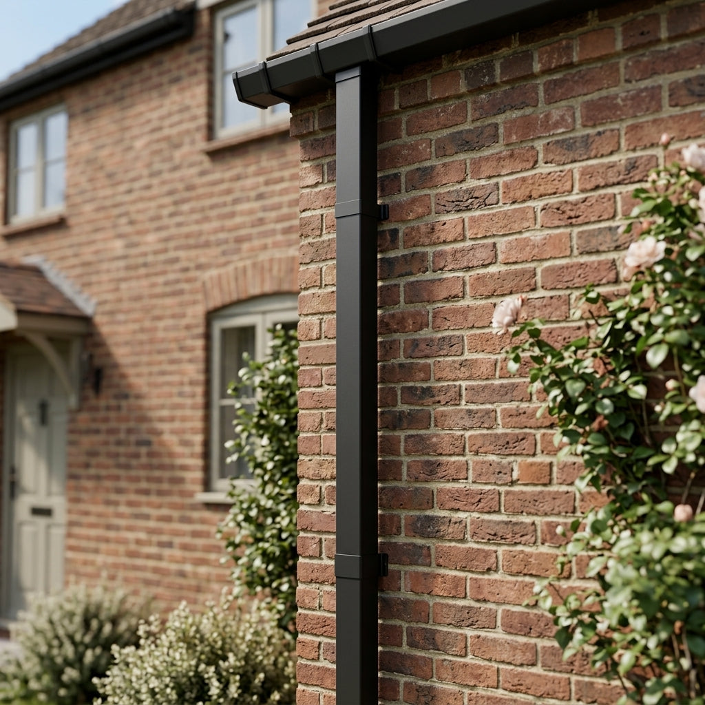 Aluminium Flush Joint Downpipe Sample — RAL 7021 / 72x72mm (in use)