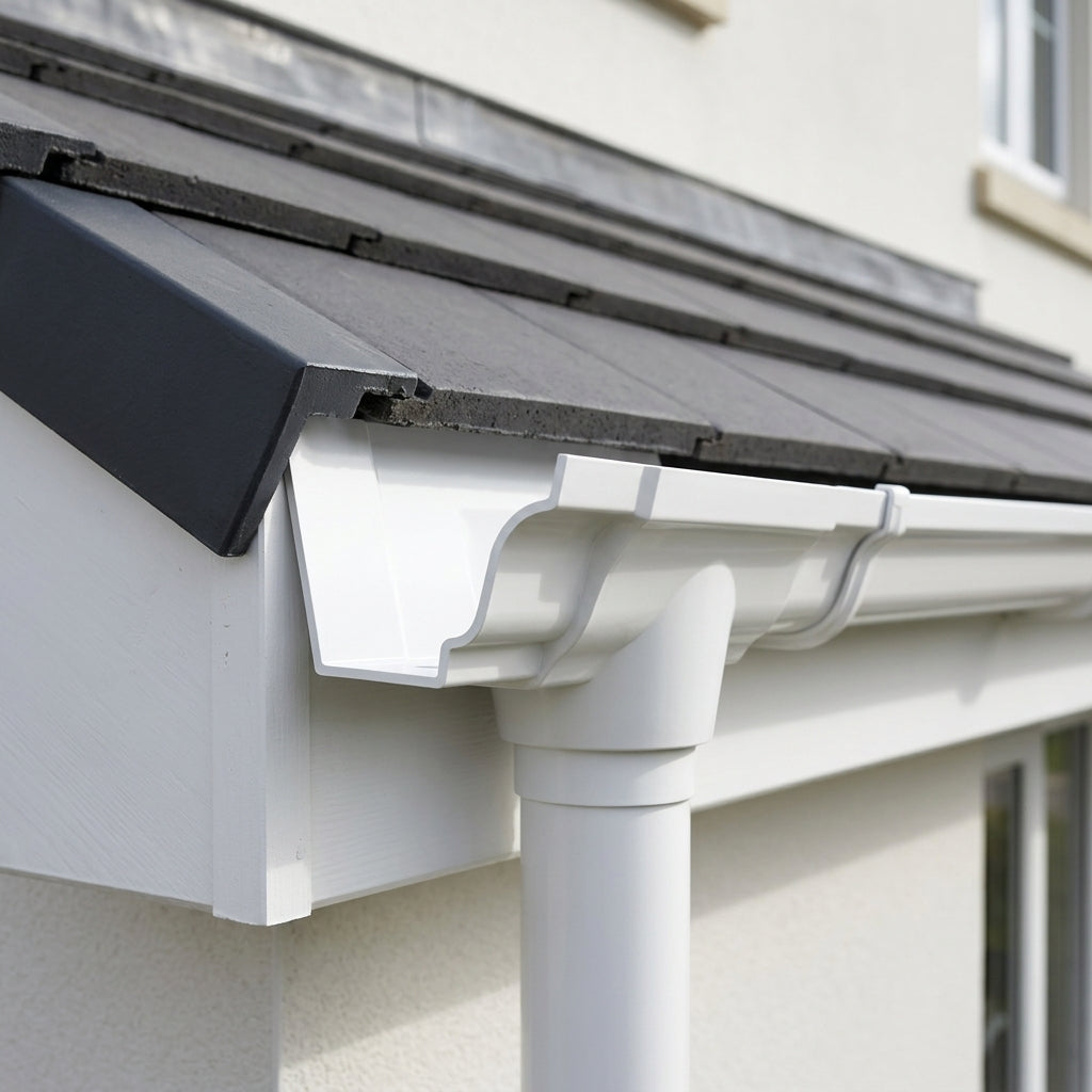 Moulded Ogee Gutter Outlet 76mm Diameter 125 x 100mm — RAL 9016 (in use)