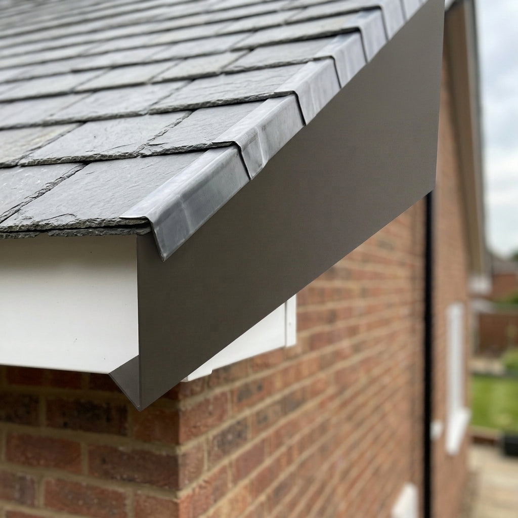 Aluminium Fascia Board Sample — RAL 7022 / 'V' Return (in use)