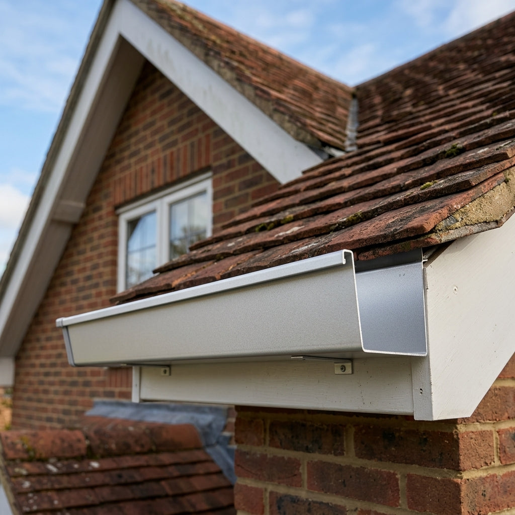 Aluminium Box Gutter Length 135×100mm 3m Marine Grade — RAL 9006 (in use)