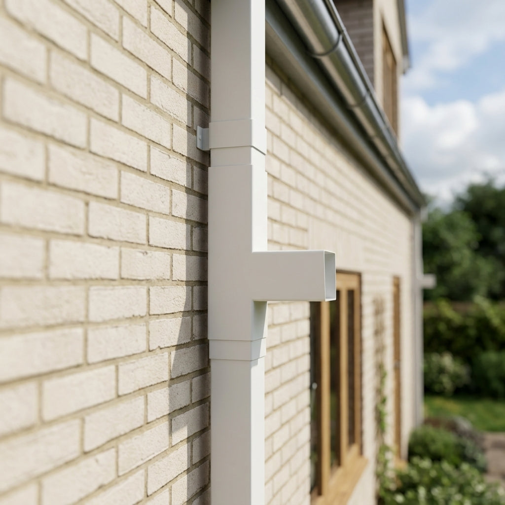 72x72mm Flush Joint Downpipe Branches — 92.5° & 112.5° — RAL 9016 / 92.5 Degrees (in use)