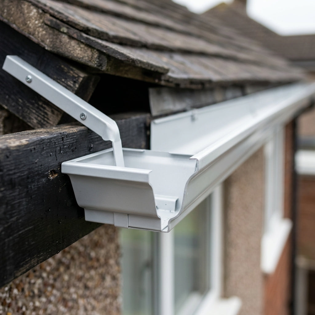 Moulded Ogee Gutter Side Rafter Bracket 125 x 100mm — RAL 9006 (in use)