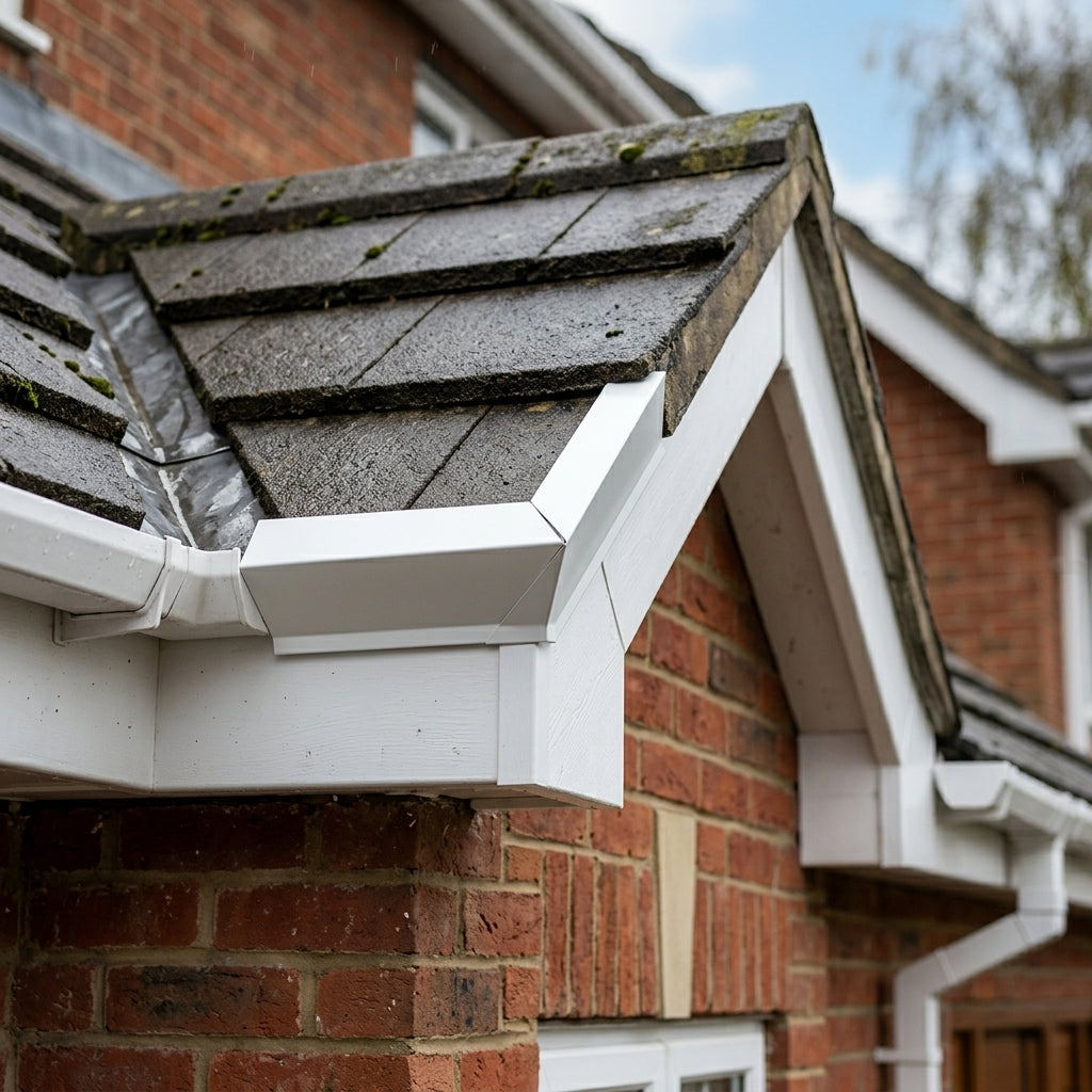 V Return Aluminium Fascia Angle Covers for Mitred Corners — RAL 9016 / 135 Deg Internal Angle (in use)