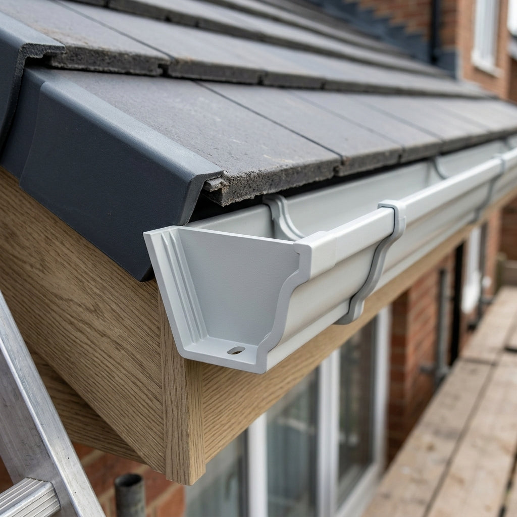 Moulded Ogee Gutter Left Hand Stop End 125 x 100mm — RAL 7035 (in use)