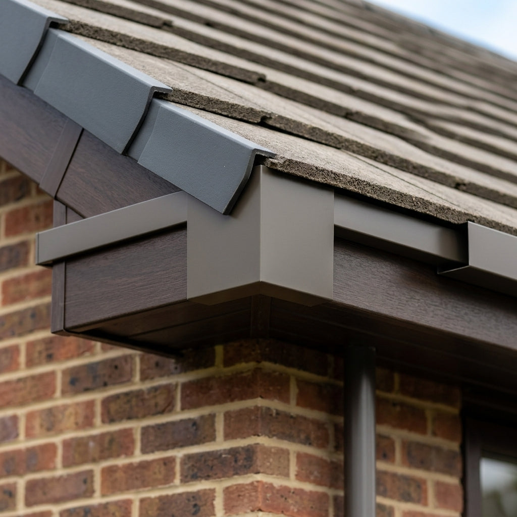 L Return Fascia Board Angle Covers – Aluminium Corner Fascia — RAL 7022 / 90 Deg Internal Angle (in use)