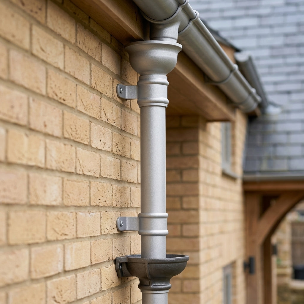Traditional Aluminium Downpipe Sample — RAL 7036 / 76mmØ (in use)