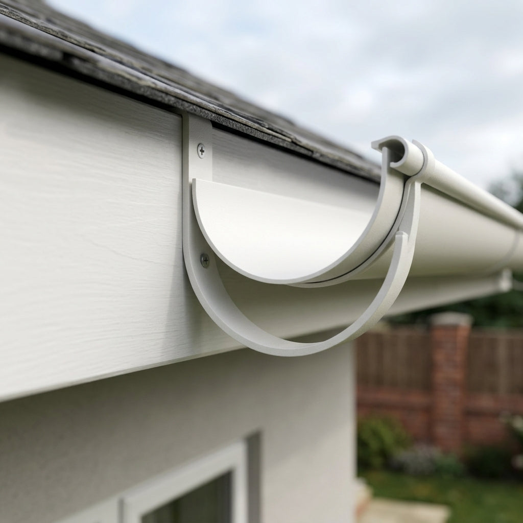 130mm Aluminium Gutter Top Rafter Bracket — RAL 9010 (in use)