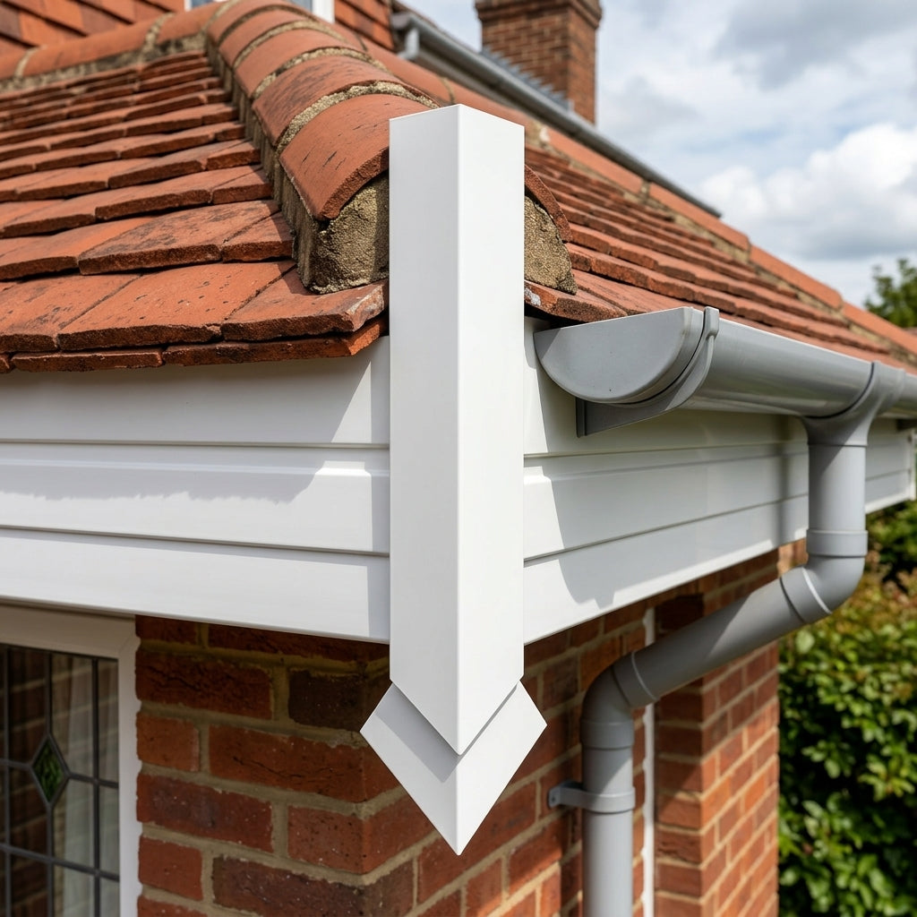 V Return Aluminium Fascia Angle Covers for Mitred Corners — RAL 9016 / 135 Deg External Angle (in use)