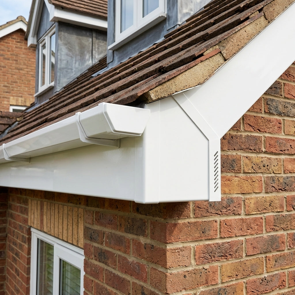Aluminium Fascia Board Joint Cover V Return — RAL 9016 (in use)
