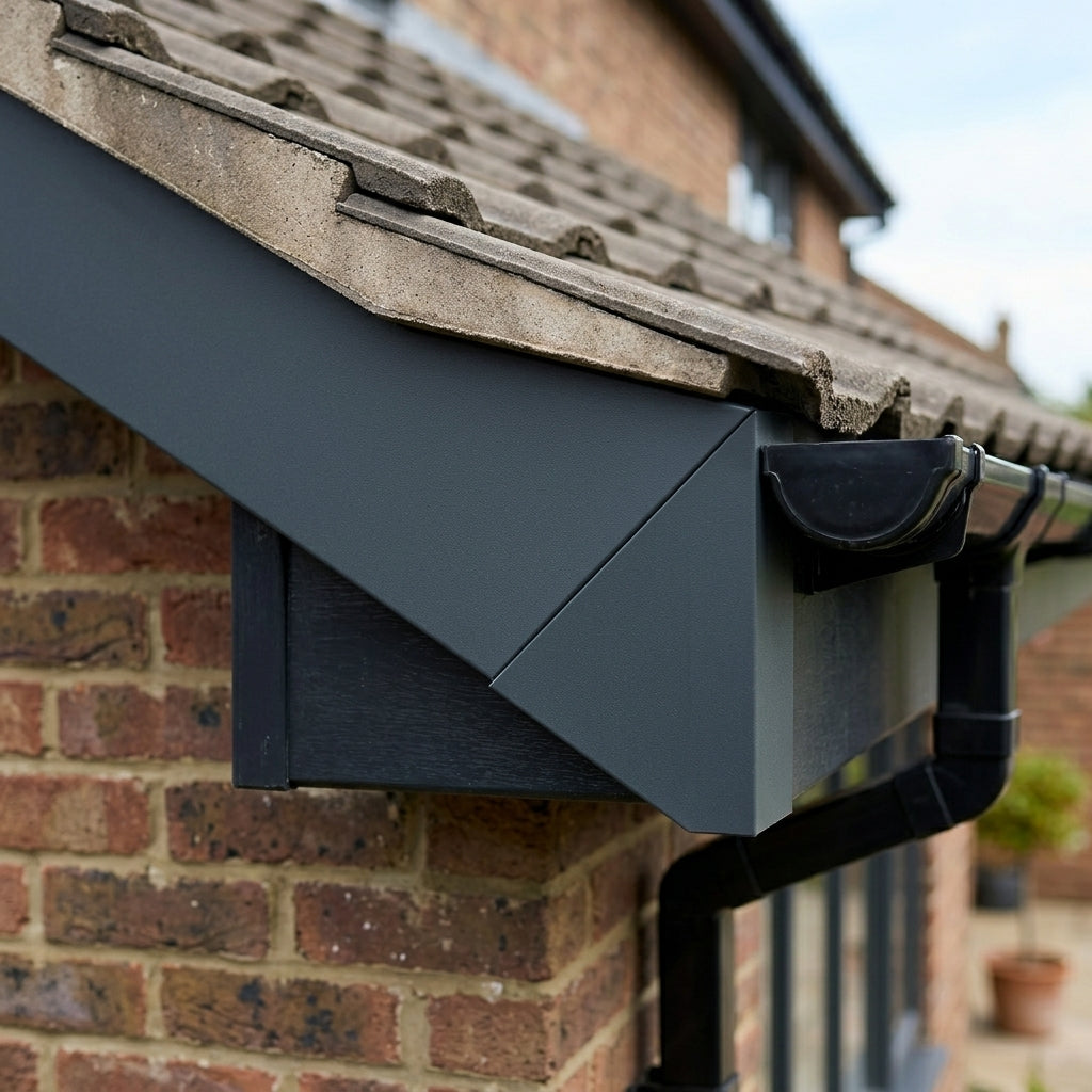 V Return Aluminium Fascia Angle Covers for Mitred Corners — RAL 7016 / 90 Deg External Angle (in use)