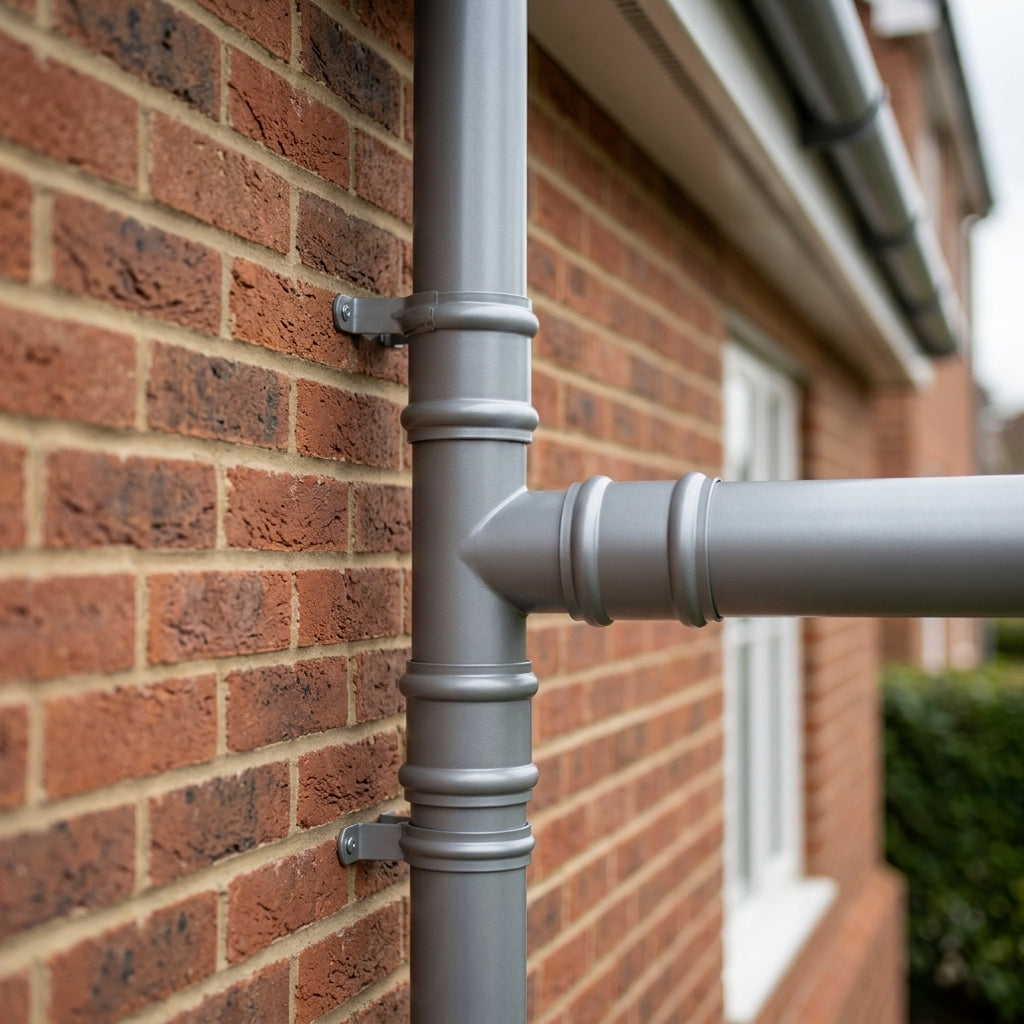 Traditional Aluminium Downpipe Branch 76mm Diameter — RAL 7036 / 112.5 Degrees (in use)