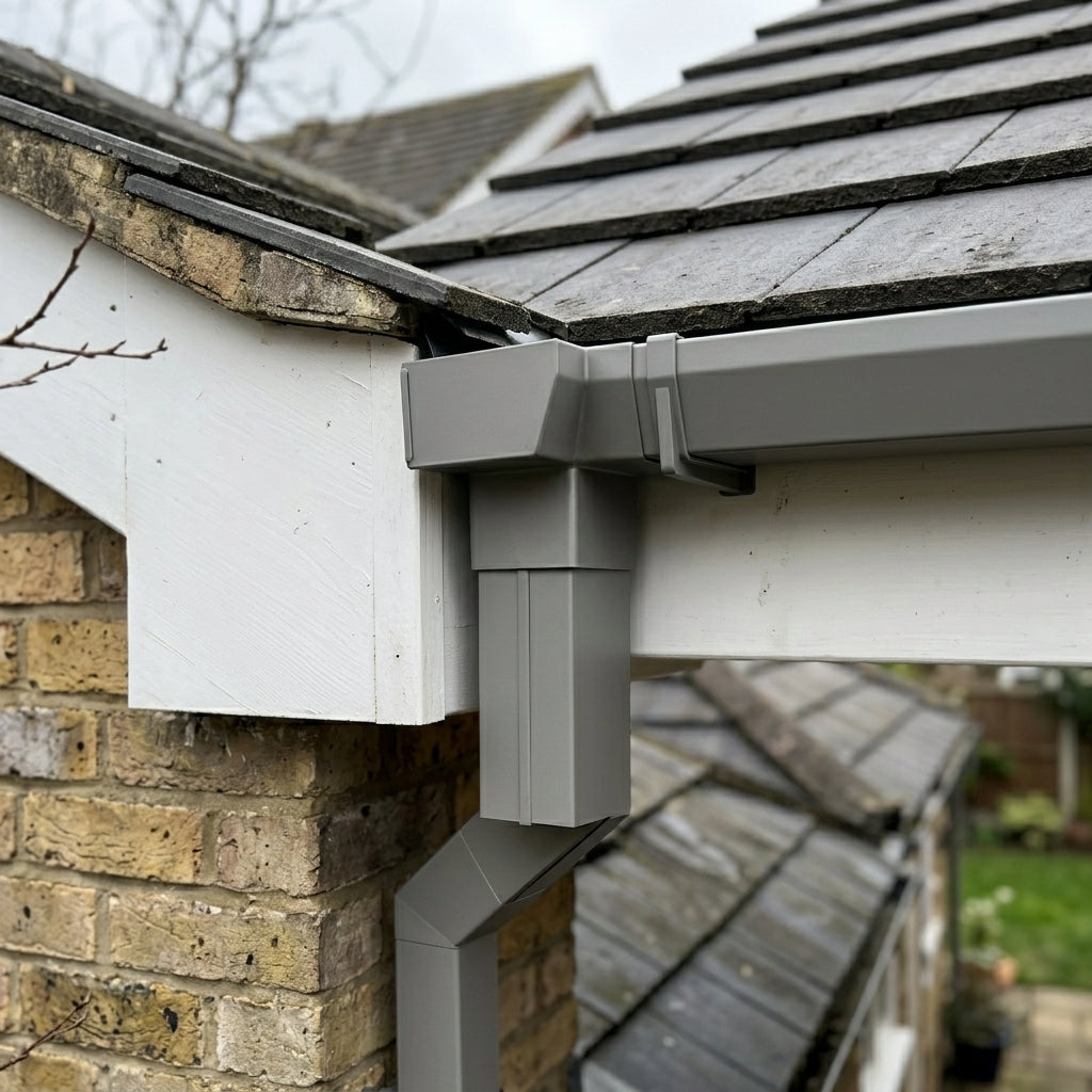 72x72mm Aluminium Gutter Outlet Spigot Extender — RAL 7036 (in use)