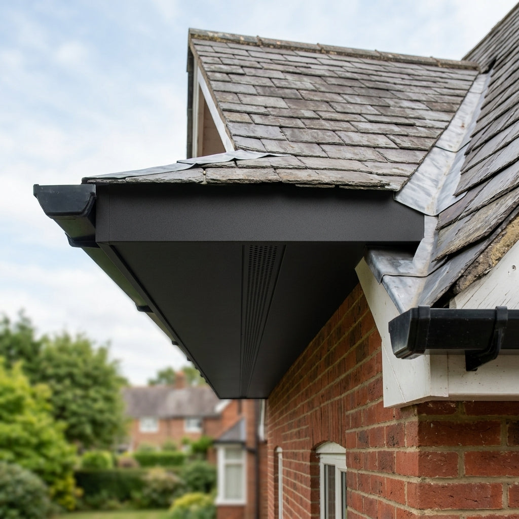Aluminium Soffit Boards – Plain or Vented with Exterior Coating — Textured Black / 365mm Wide | Vented (in use)