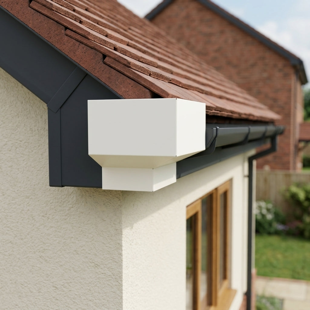 U Return Aluminium Fascia Angle Covers for Mitred Corners — RAL 9010 / 135 Deg Internal Angle (in use)