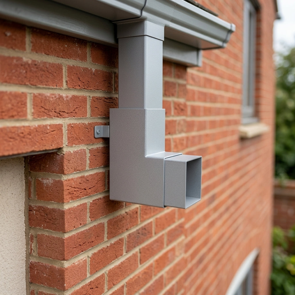 Flush Joint Aluminium Downpipe Bend 72x72mm — RAL 7036 / 92.5 Degrees (in use)