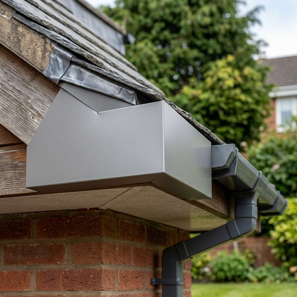 V Return Aluminium Fascia Angle Covers for Mitred Corners — RAL 7036 / 90 Deg Internal Angle (in use)