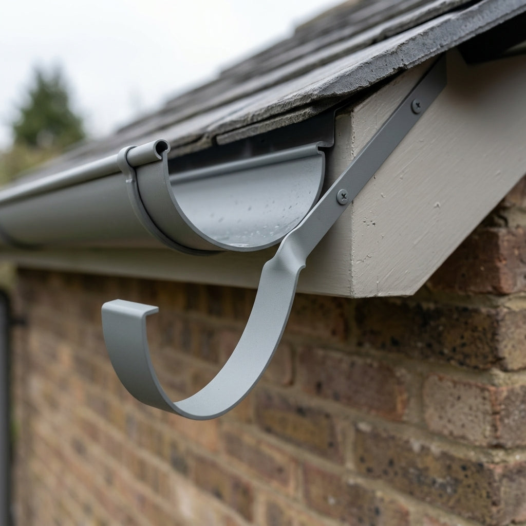 Half Round Aluminium Gutter Side Rafter Bracket 125mm — RAL 7037 (in use)