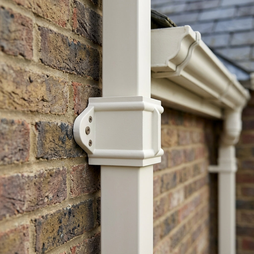 Traditional Downpipe Spare Socket Eared 72x72mm Aluminium — RAL 9010 (in use)