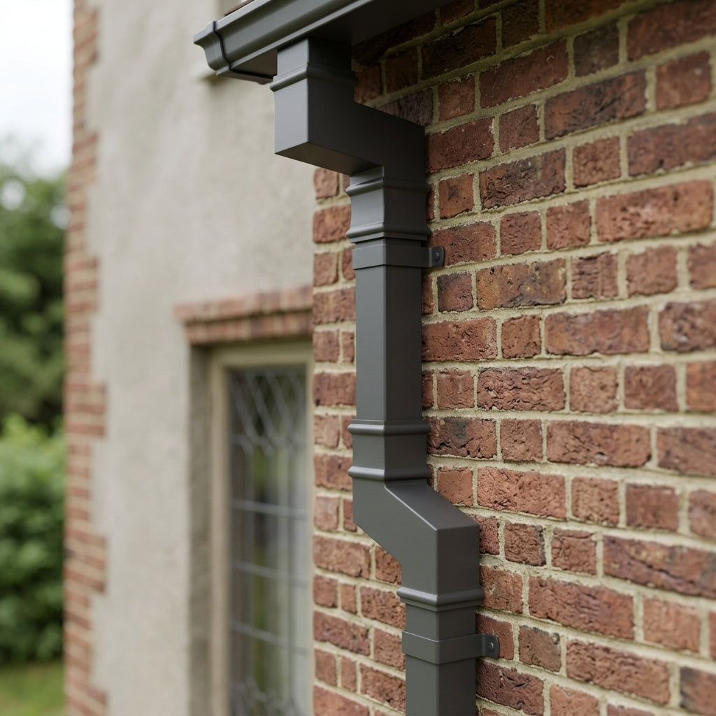 Traditional Aluminium Downpipe Bends 72x72mm – 92.5° & 112.5° — RAL 7022 / 92.5 Degrees (in use)