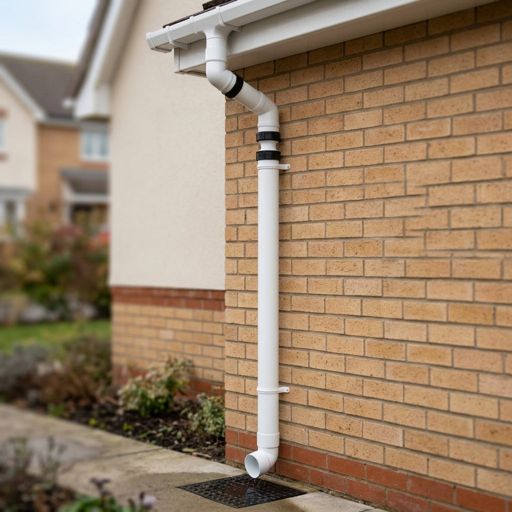 76mm Diameter Flush Joint Adjustable Swanneck Downpipe — RAL 9016 (in use)