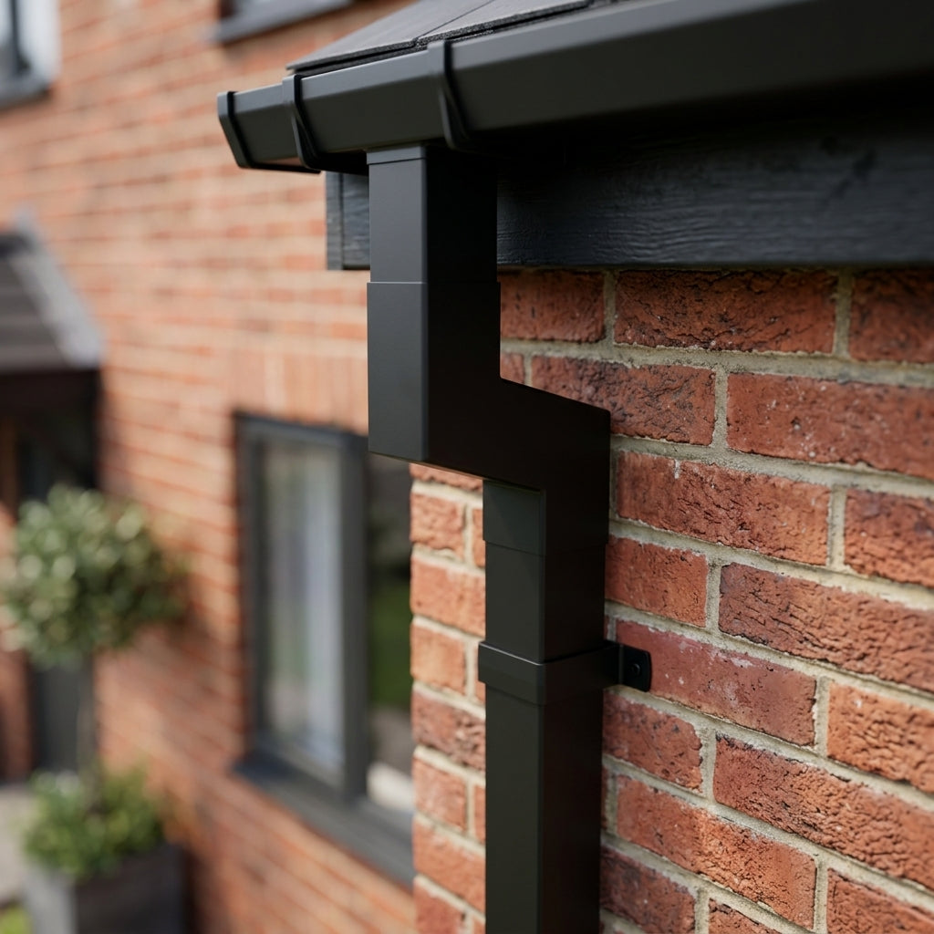 Flush Joint Aluminium Downpipe Bend 72x72mm — RAL 9005 / 92.5 Degrees (in use)