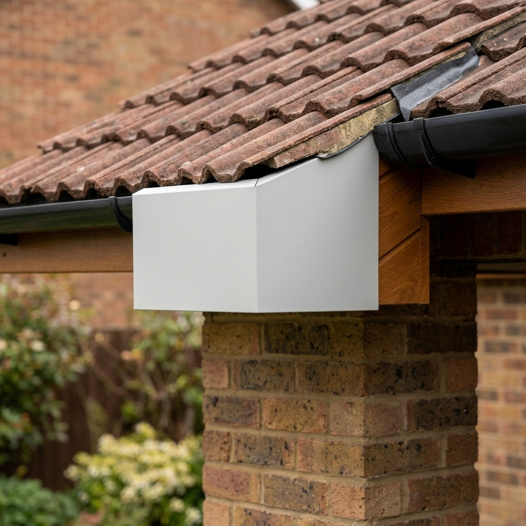 U Return Aluminium Fascia Angle Covers for Mitred Corners — RAL 7035 / 135 Deg Internal Angle (in use)