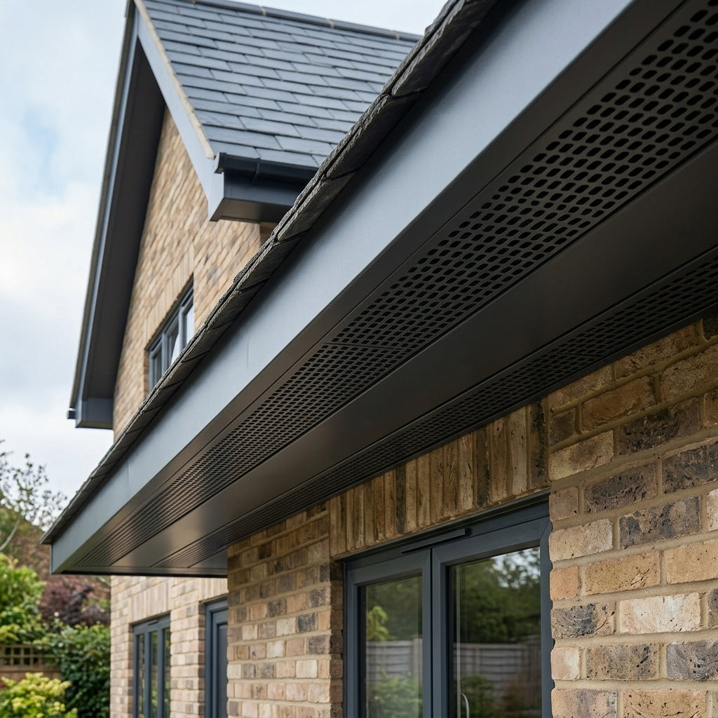 Aluminium Soffit Boards – Plain or Vented with Exterior Coating — RAL 7016 / 365mm Wide | Unvented (in use)
