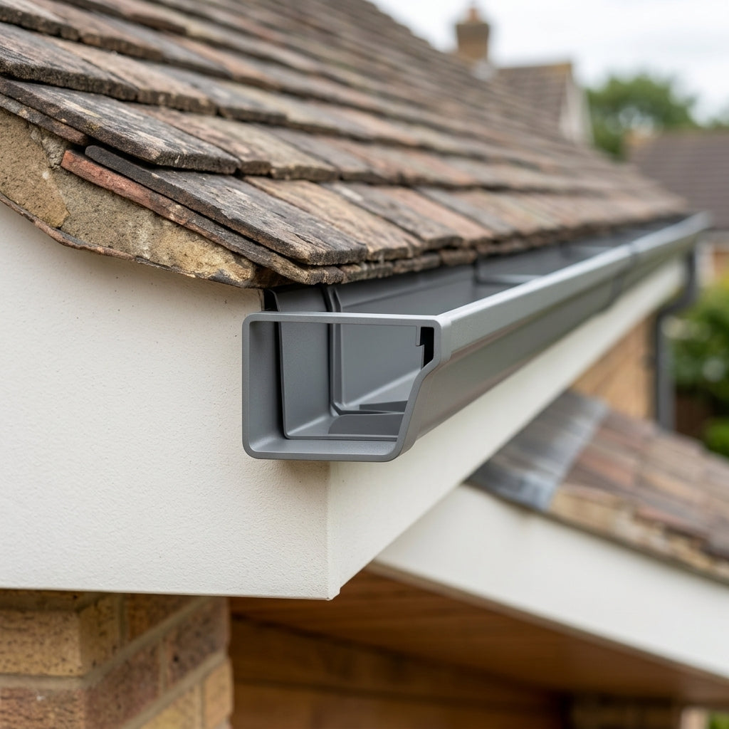 Aluminium Box Gutter Stop End 135 x 100mm — RAL 7037 (in use)