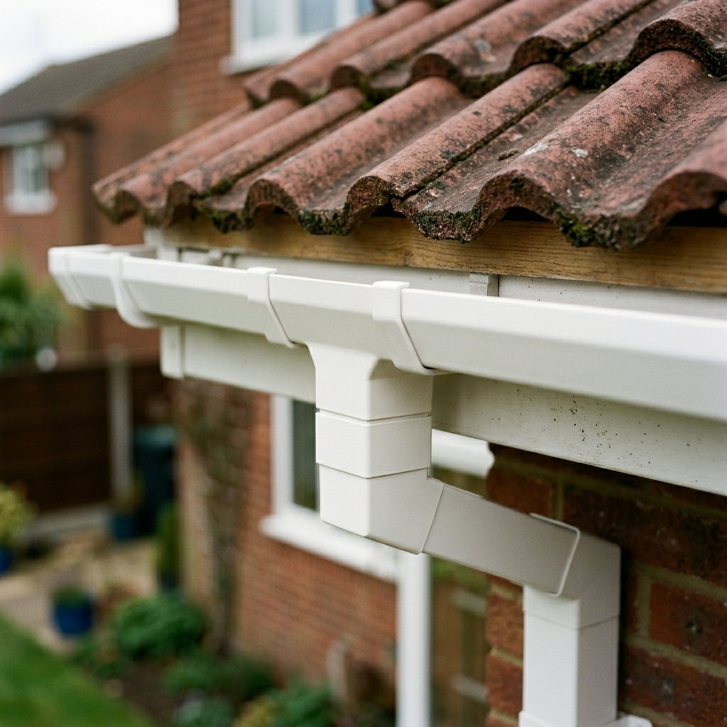 72x72mm Aluminium Gutter Outlet Spigot Extender — RAL 9010 (in use)