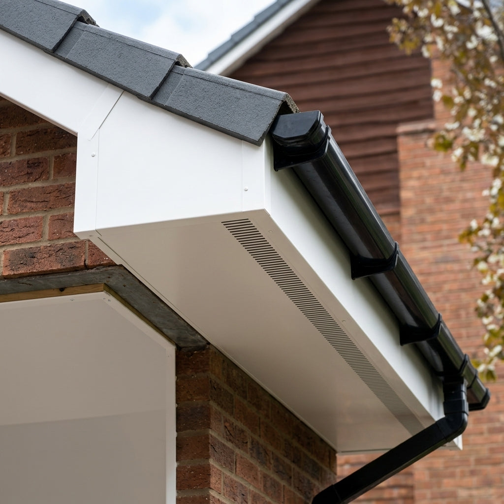 Aluminium Soffit Boards – Plain or Vented with Exterior Coating — RAL 9010 / 740mm Wide | Vented (in use)