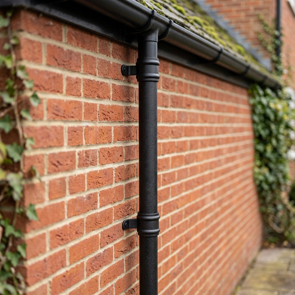 Traditional Aluminium Downpipe Sample — Textured Black / 76mmØ (in use)