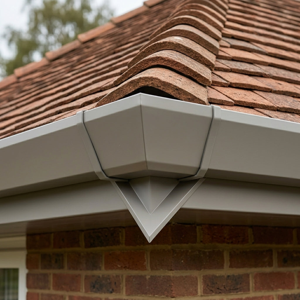 V Return Aluminium Fascia Angle Covers for Mitred Corners — RAL 7036 / 135 Deg Internal Angle (in use)