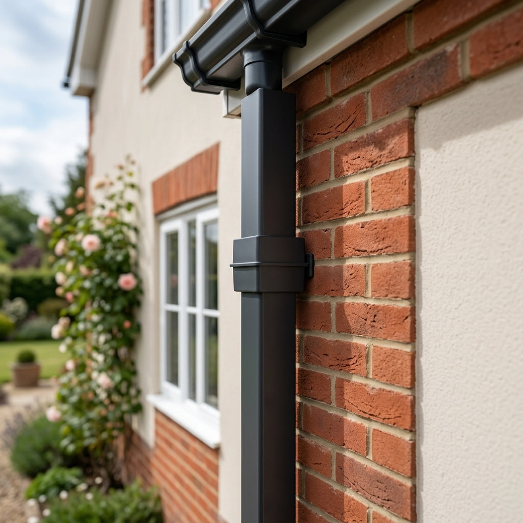 Flush Joint Internal Jointer 72x72mm Aluminium Downpipe — RAL 7021 (in use)